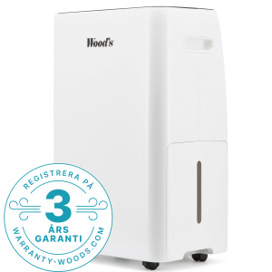 Woods Avfuktare. Max 70m². Rek  2-60m². Tankvolym 3,5L. 3-fläktsteg. Luftfilter: Tvättbart. Vit. (MRD20) 2 års garanti (3 år vid registrering) Fri frakt, omgående leverans.