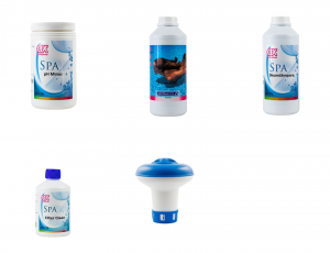 M-Spa Klar & balanserad vattenvård-paketet. 1,5 kg pH-Minus + 1L flockmedel + 1L skumdämpare + 0,5L filter clean + klordoserare