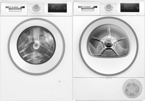 Bosch Serie 4. Tvätt & Tork – 9 kg + 8 kg. 1400 varv/min. Värmepump. Iron Assist. SpeedPerfect. Auto Dry. Vit. (WAN2829SSN) + (WTH85V0SSN). Fri hemleverans. - 2 års garanti