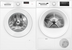 Bosch Serie 2 & Serie 4. Tvätt & Tork – 8 kg + 8 kg. Värmepump. SpeedPerfect. Auto Dry. Vit. (WGE0340LSN) + (WTH85V0MSN). Fri hemleverans. - 2 års garanti