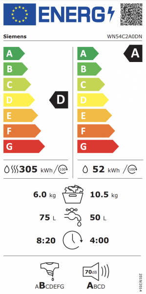 Energidekal Siemens iQ700 Kombinerad tvätt och tork 10.5/6 kg 1400 v/min (WN54C2A0DN) - 2 års garanti