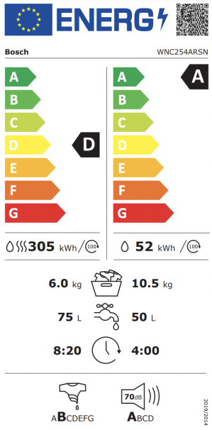 Energidekal Bosch Serie 8, Kombinerad tvätt och tork, 10.5/6 kg, 1400 v/min (WNC254ARSN) - 2 års garanti