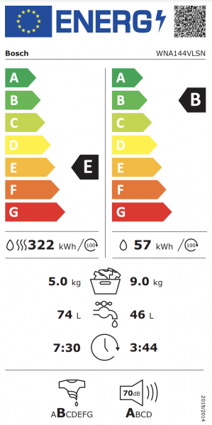 Energidekal Bosch Serie 4, Kombinerad tvätt och tork, 9/5 kg, 1400 v/min (WNA144VLSN) - 2 års garanti