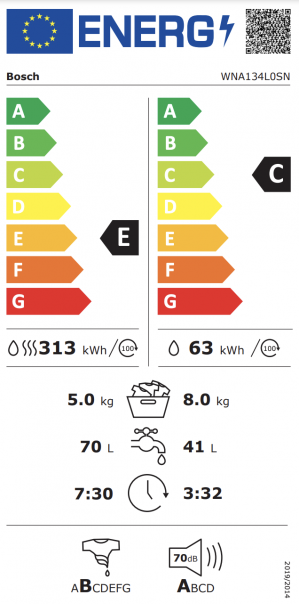 Energidekal Bosch Serie 4, Kombinerad tvätt och tork, 8/5 kg, 1400 v/min (WNA134L0SN) - 2 års garanti