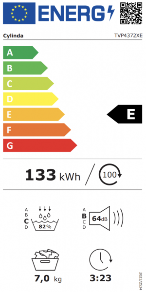 Energidekal Cylinda Värmepumptumlare. 7 kg. 15 program. 55 cm djup. Vit. Energiklass E. (TVP4372XE - 10841065) Fri frakt, omgående hemleverans. - 2 års garanti