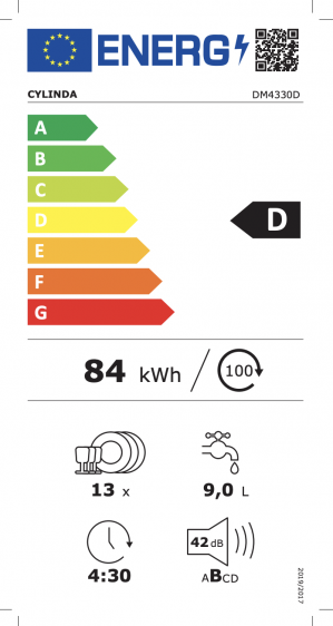 Energidekal Cylinda Underbyggd diskmaskin. 60 cm. 45dB. 13 kuvert. Höj och sänkbar överkorg. Energiklass D. (DM4330D - 10839352) - 2 års garanti