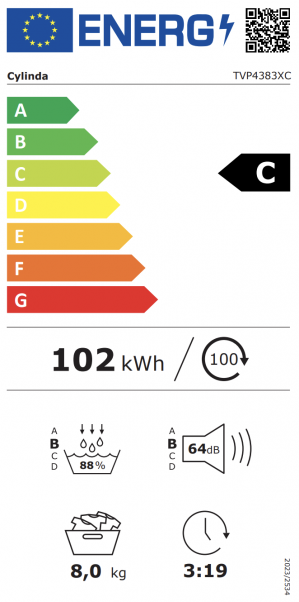 Energidekal Cylinda Värmepumpstumlare. 8 kg. 15 program. Innerbelysning. Energiklass C. Vit. (TVP4383XC - 10841066) Fri hemleverans. - 2 års garanti