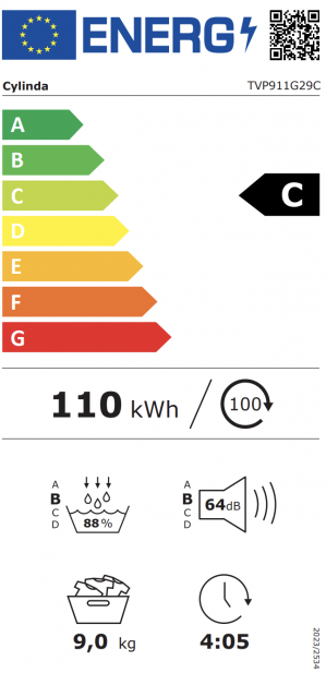 Energidekal Cylinda Torktumlare. 9kg. 63 cm djup. 15 program. Innerbelysning. Låg energiförbrukning. Vit. Energiklass C. (TVP911G29C - 10844877) Fri hemleverans. - 2 års garanti