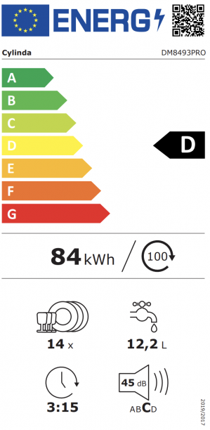 Energidekal Cylinda Professionell XXL. Underbyggd diskmaskin. H:81,9-87,2, B:59,6, D:55,5 cm. 3 korgar. 2 sanitetsprogram. Vit. Energiklass D. Diskeffekt A. (DM8493PRO - 1004133) Fri leverans. - 2 års garanti