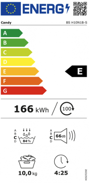 Energidekal Candy Värmepumpstumlare. 10kg. 125L. Antal program: 11. Wi-Fi. Energiklass Tork: E. Vit. (ProDry 700 10Kg - BS H10N1B-S) - 2 års fabriksgaranti.