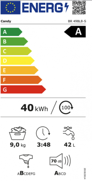 Energidekal Candy Frontmatad tvättmaskin. 9kg. 78L. 1400rpm. Wi-Fi. Energiklass A. Vit. 16 program. DxBxH 58x60x85. (ProWash 500 9Kg - BR 49BL8-S) - 2 års fabriksgaranti. Fri frakt