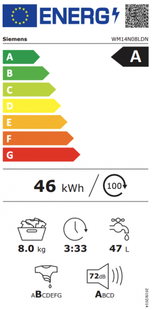 Energidekal Siemens iQ300. Frontmatad tvättmaskin. 8 kg. 1400 v/min. iQdrive. Vit. (WM14N08LDN) Fri hemleverans. - 2 års garanti