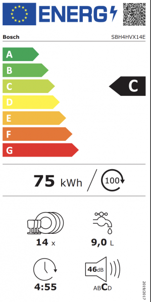 Energidekal Bosch Serie 4. Integrerad diskmaskin. 60 cm. XXL extra hög. Justerbar lucka. (SBH4HVX14E) Fri hemlevernas. - 2 års garanti