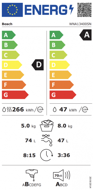 Energidekal Bosch Serie 4. Kombinerad tvätt & tork. 8/5 kg. 1400 v/min. AutoDry. SpeedPerfect. Vit. (WNA13400SN) - 2 års garanti