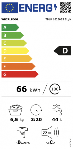 Energidekal Whirlpool oppmatad tvättmaskin. 6,5 kg. Slim-line modell. 1200 v/min. Vit. (TDLR 65230SS EU/N) Fri hemleverans. - 2 års garanti