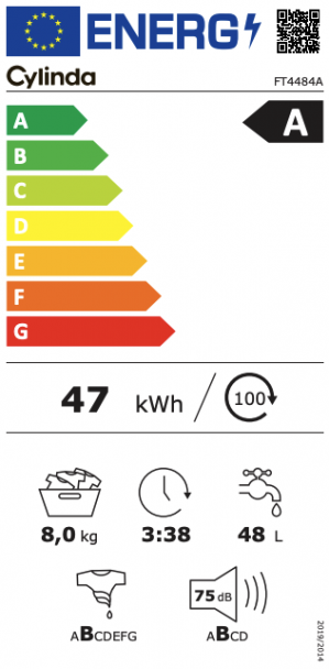 Energidekal Cylinda frontmatad tvättmaskin. 8kg. 1400 v/min. 15 program. Energiklass A. Vit. (FT4484A - 10848698 ) Fri hemleverans. - 2 års garanti.