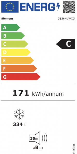 Energidekal Siemens iQ300. Frysskåp 186.2 x 59.5 cm. Högerhängd (omhängbar dörr). bigCapacity. Total noFrost. Vit. (GS36NVWCG) Fri hemleverans. - 2 års garanti