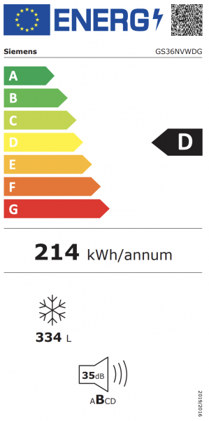 Energidekal Siemens iQ300. Frysskåp 186.2 x 59.5 cm. Högerhängd (omhängbar dörr). bigCapacity. Total noFrost. Vit. (GS36NVWDG) Fri hemleverans. - 2 års garanti