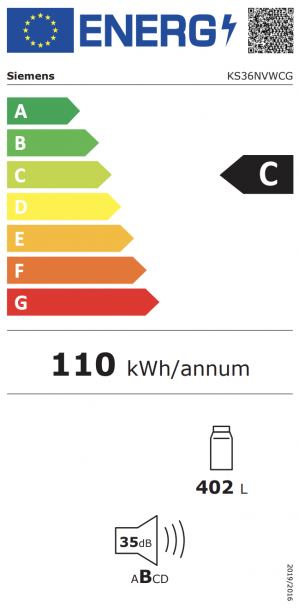 Energidekal Siemens iQ300. Kylskåp 186.2 x 59.5 cm. 402L. Vänsterhängd (omhängbar dörr). hyperFresh 0°C.  Vit. (KS36NVWCG). Fri hemleverans. - 2 års garanti