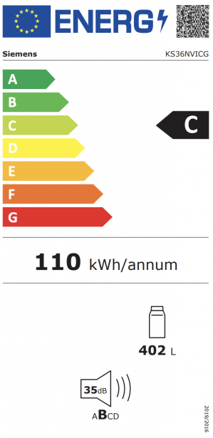 Energidekal Siemens iQ300 Kylskåp. 186.2 x 59.5 cm. 402L. Vänsterhängd (omhängbar dörr). hyperFresh 0°C. Borstat stål med anti-fingerprint. (KS36NVICG) Fri hemleverans. - 2 års garanti